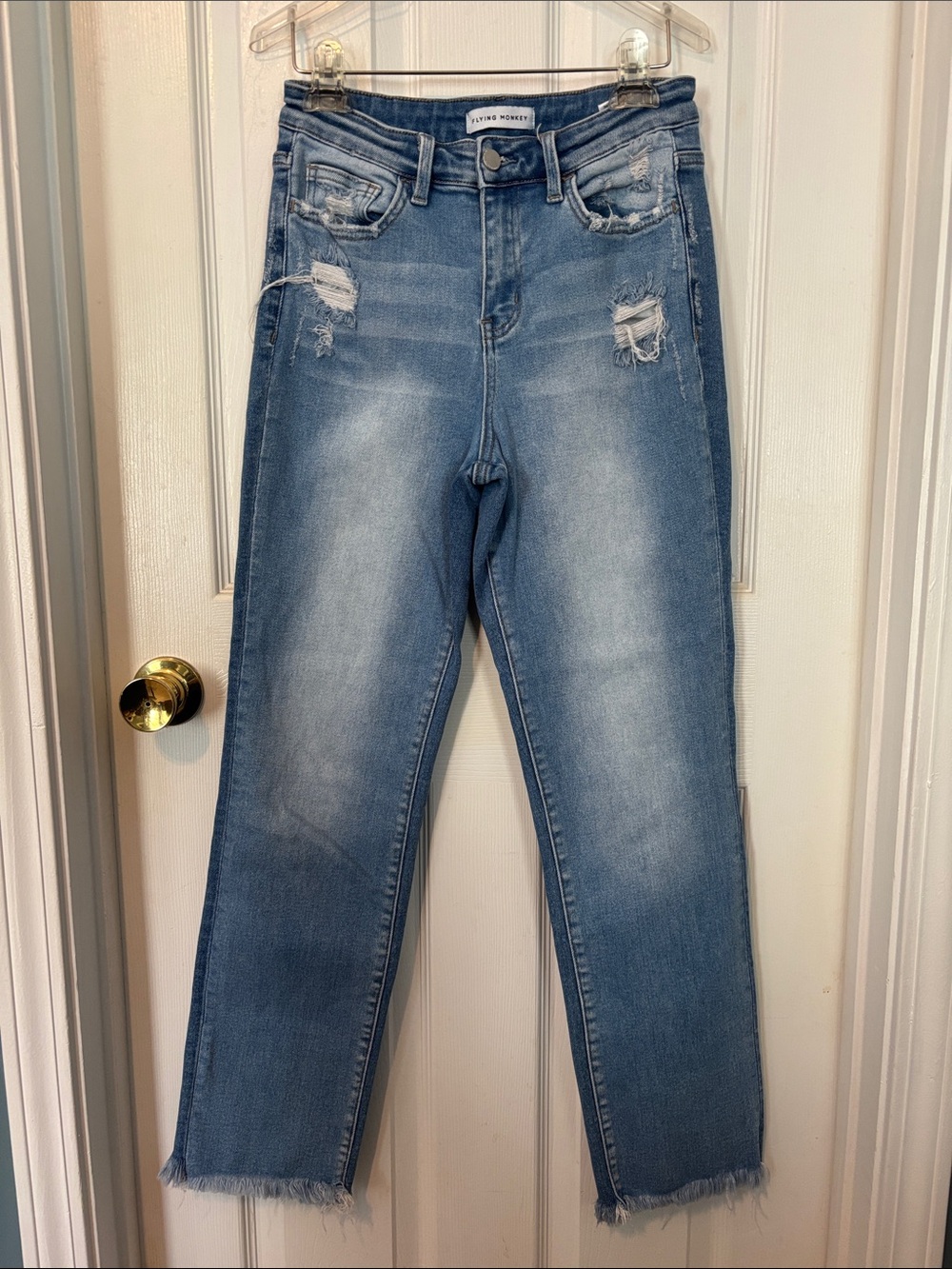 Flying Monkey Distressed Blue Women's Jeans with Frayed Cuff at Bottom